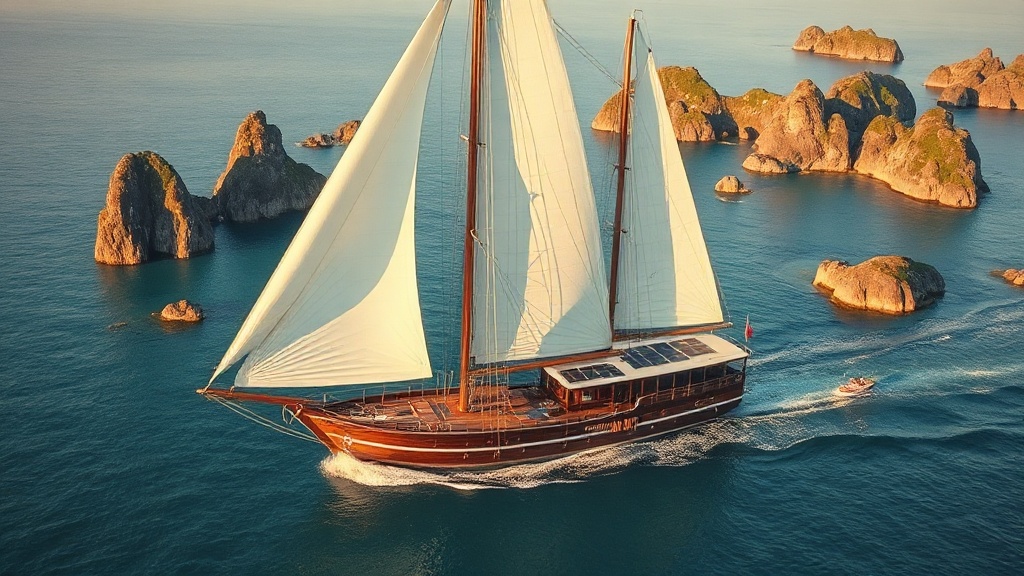 Phinisi schooner under full sail with solar panels near Komodo islands at golden hour